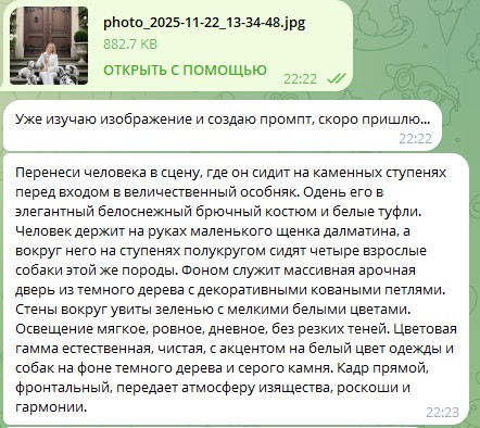 Генератор промптов в чате: по загруженному фото сервис составил подробный промпт